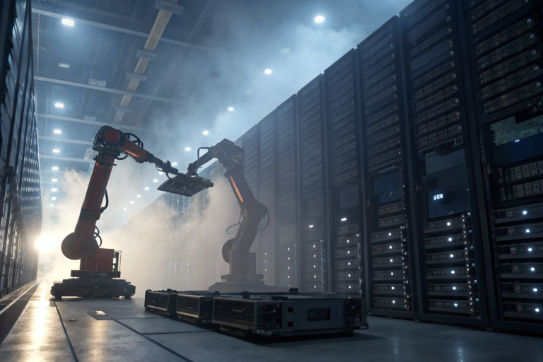 Robotic arms dismantling hard drives in a high-tech data center.