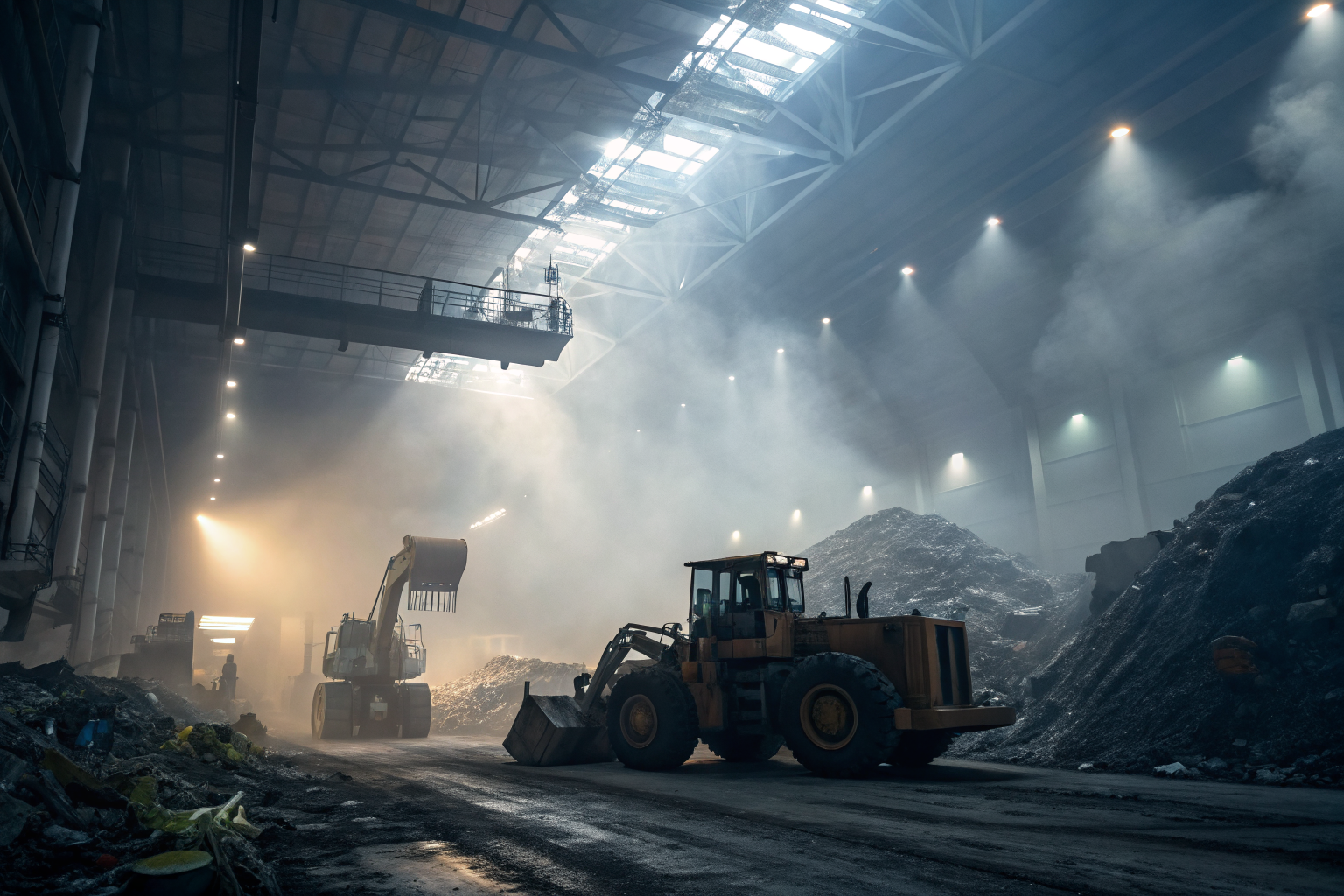 Advanced recycling facility with machinery, dramatic lighting, and fog.