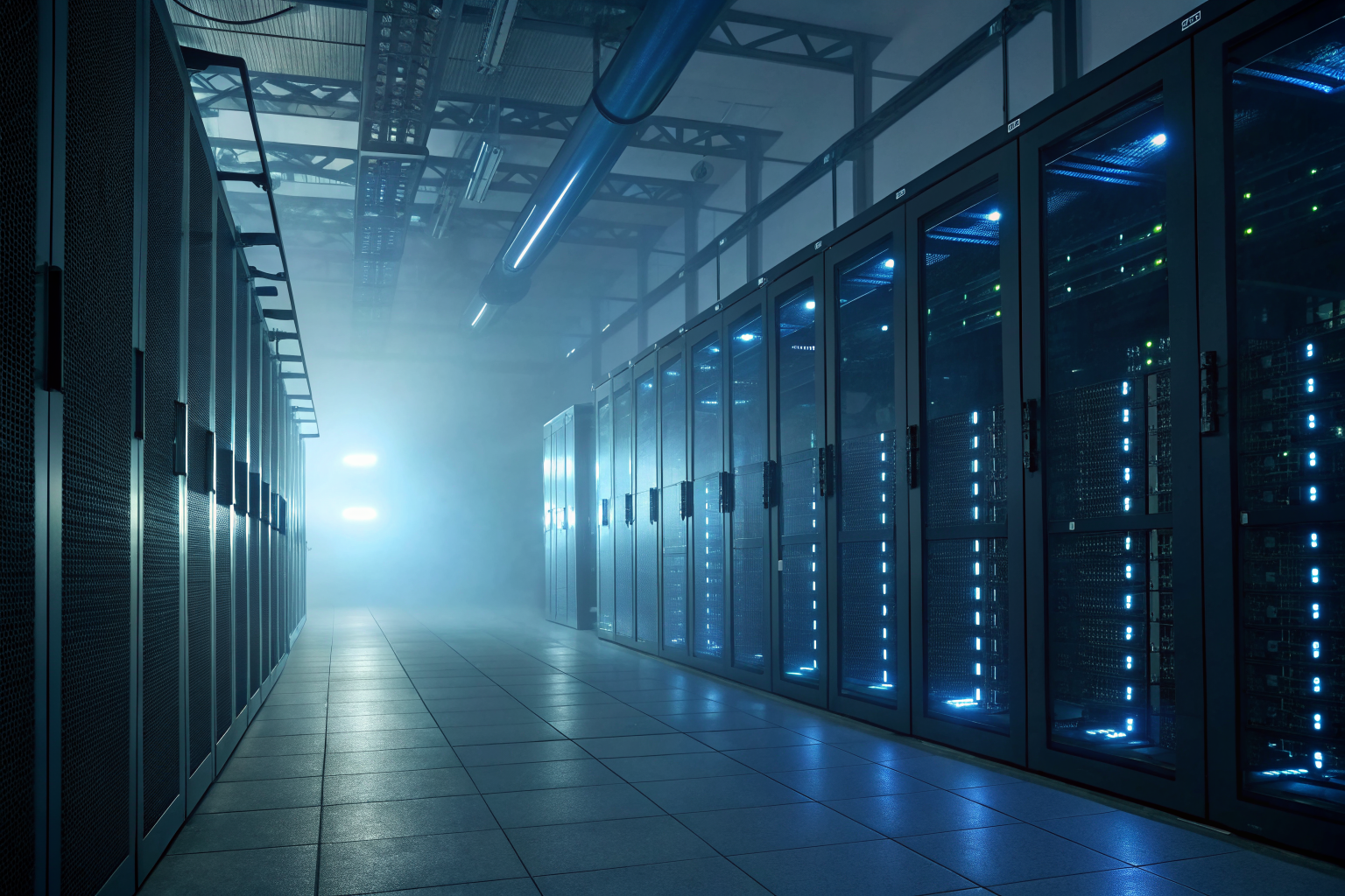 Cinematic data center with glowing servers and fog, highlighting sanitization.