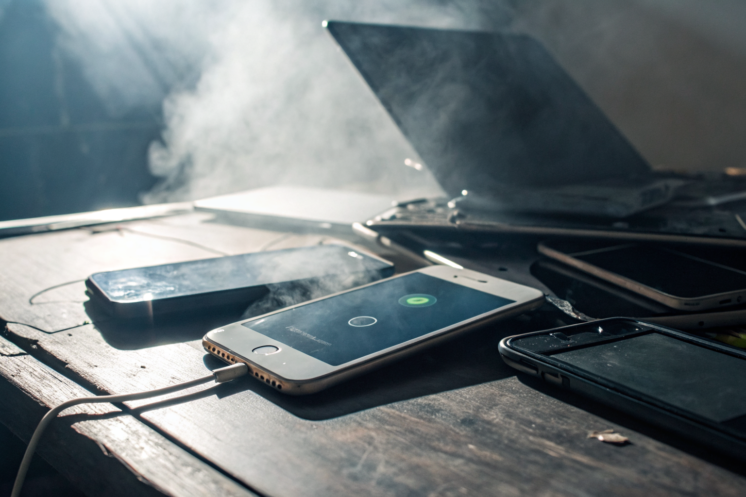 Discarded smartphones with one showing data wipe progress, dramatic lighting.