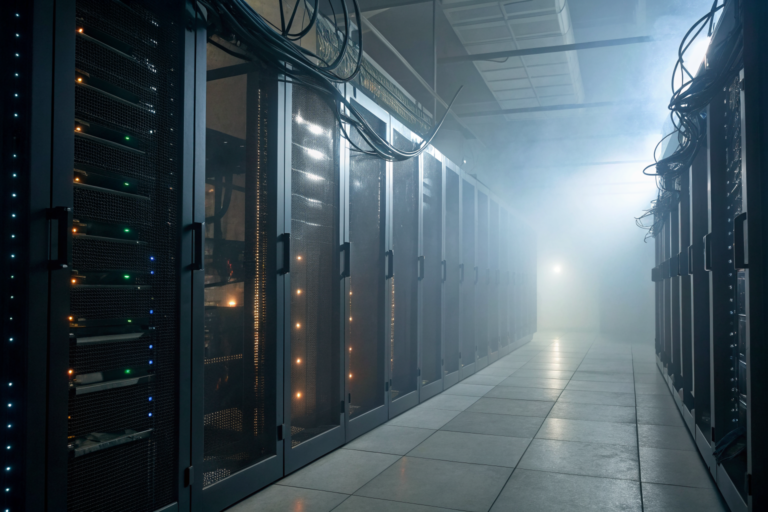 Data center with servers showing data retention and destruction conflict.