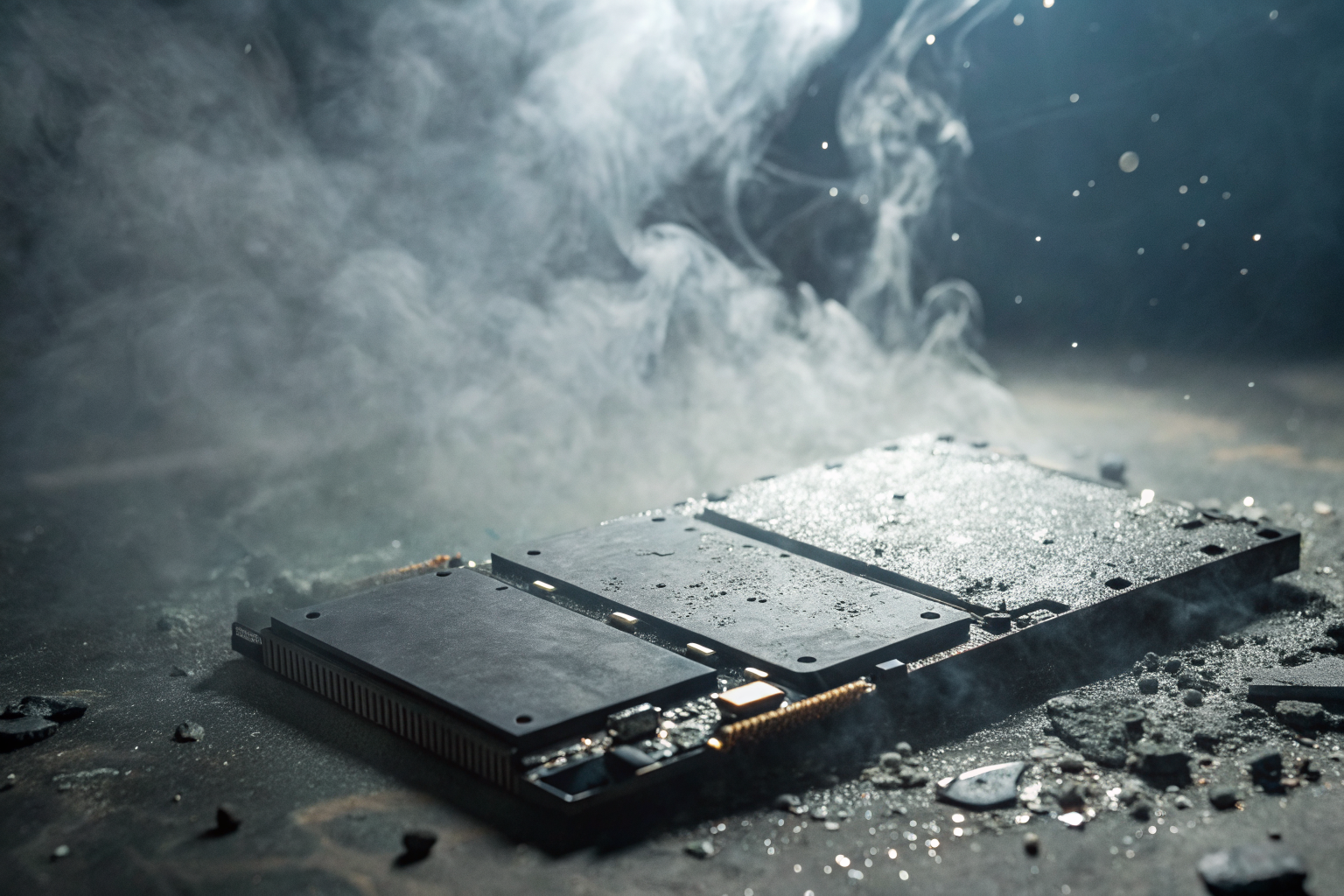 Hyper-detailed SSD with layers peeling off in dramatic lighting.