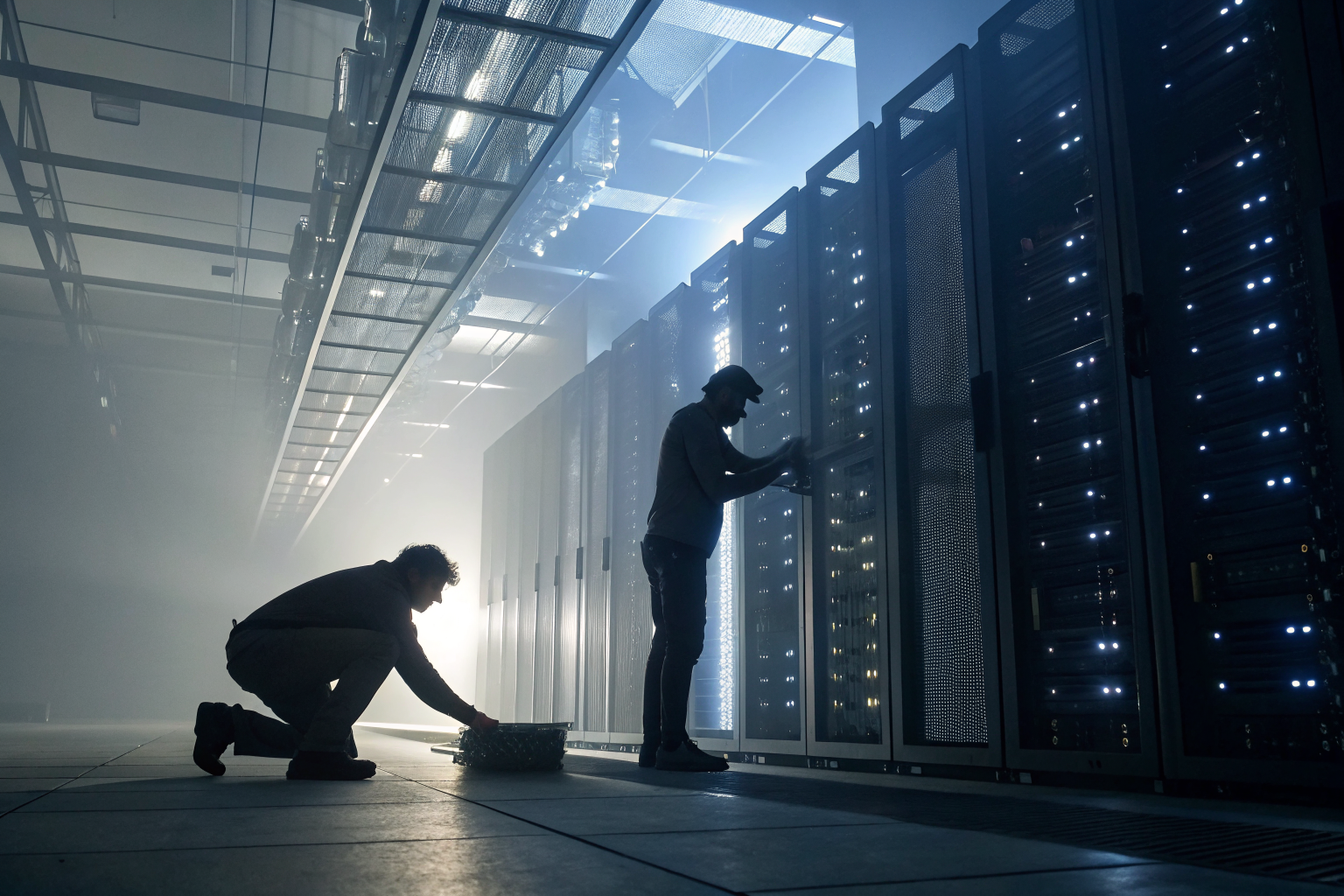 Technicians dismantling servers in a dramatic, fog-filled data center.