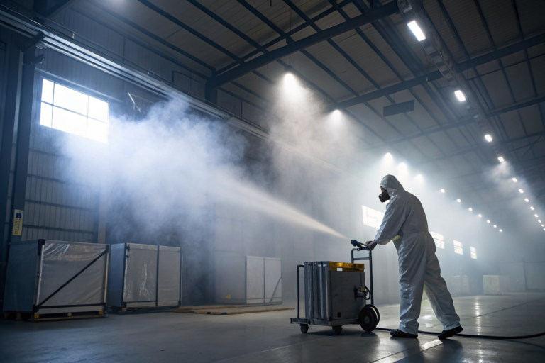 Worker in protective gear sanitizing Chromebooks and tablets in a disposal facility.