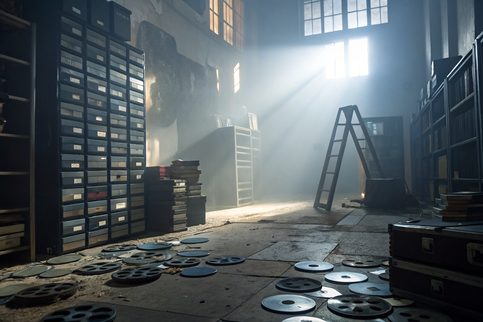 Dimly lit room with scattered LTO tapes and Blu-ray discs in dramatic lighting.