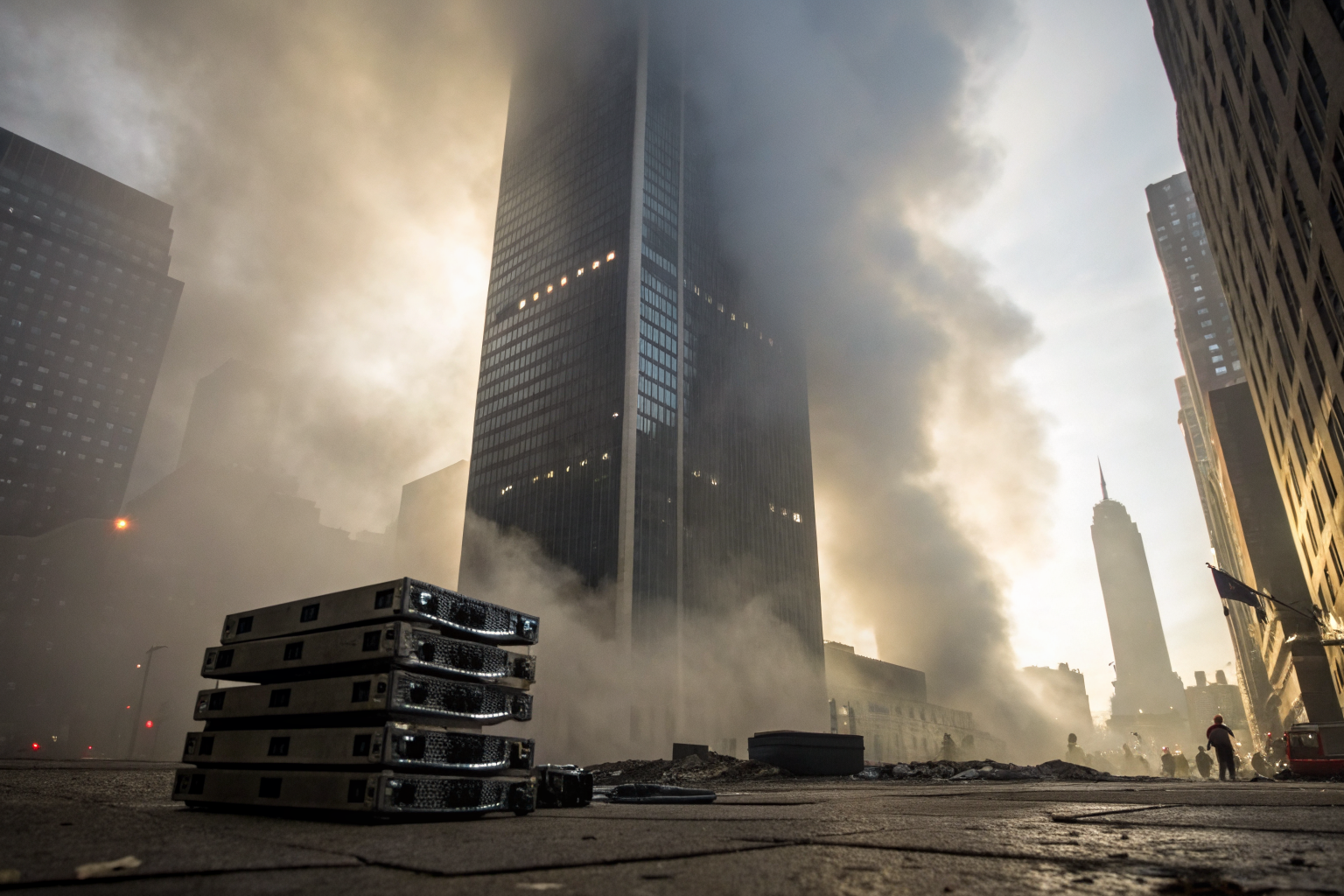 Shattered hard drives in foggy, dimly lit cityscape symbolizing ITAD violations.