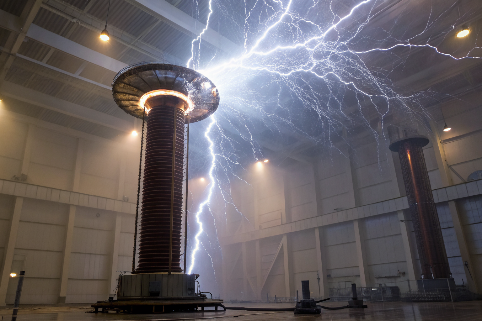 Degausser machine with electromagnetic fields and dramatic lighting.