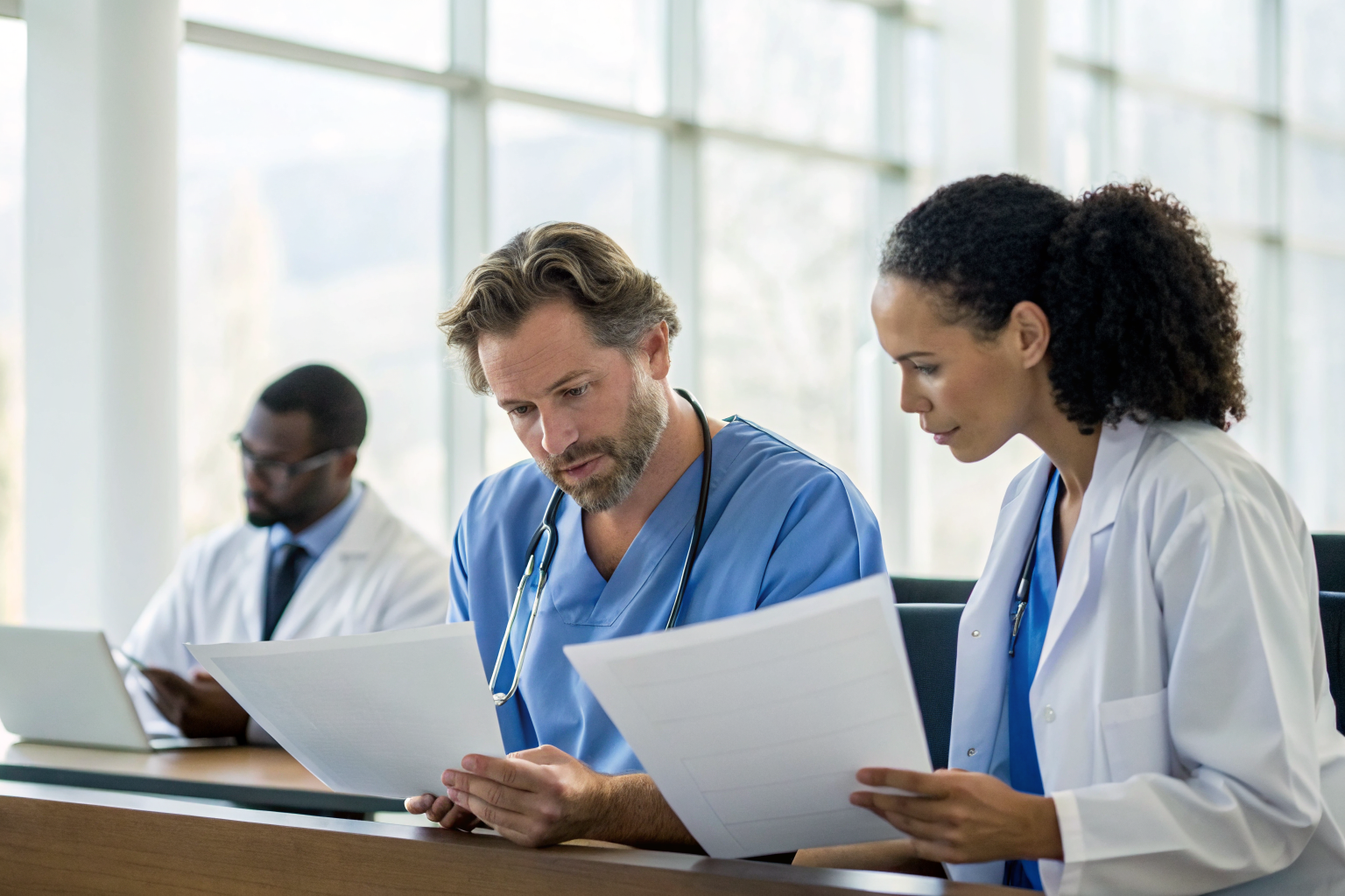IT auditors reviewing compliance documents in a conference room.