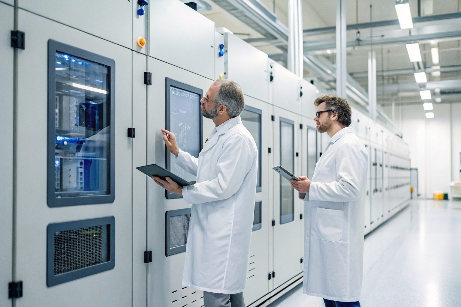 Engineers analyzing storage devices in a bright high-tech lab setting.