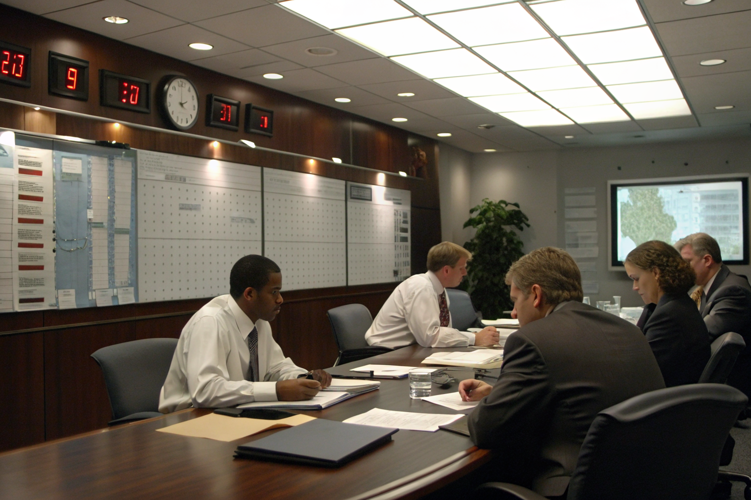 Managers in an office discussing compliance timelines with a digital clock.