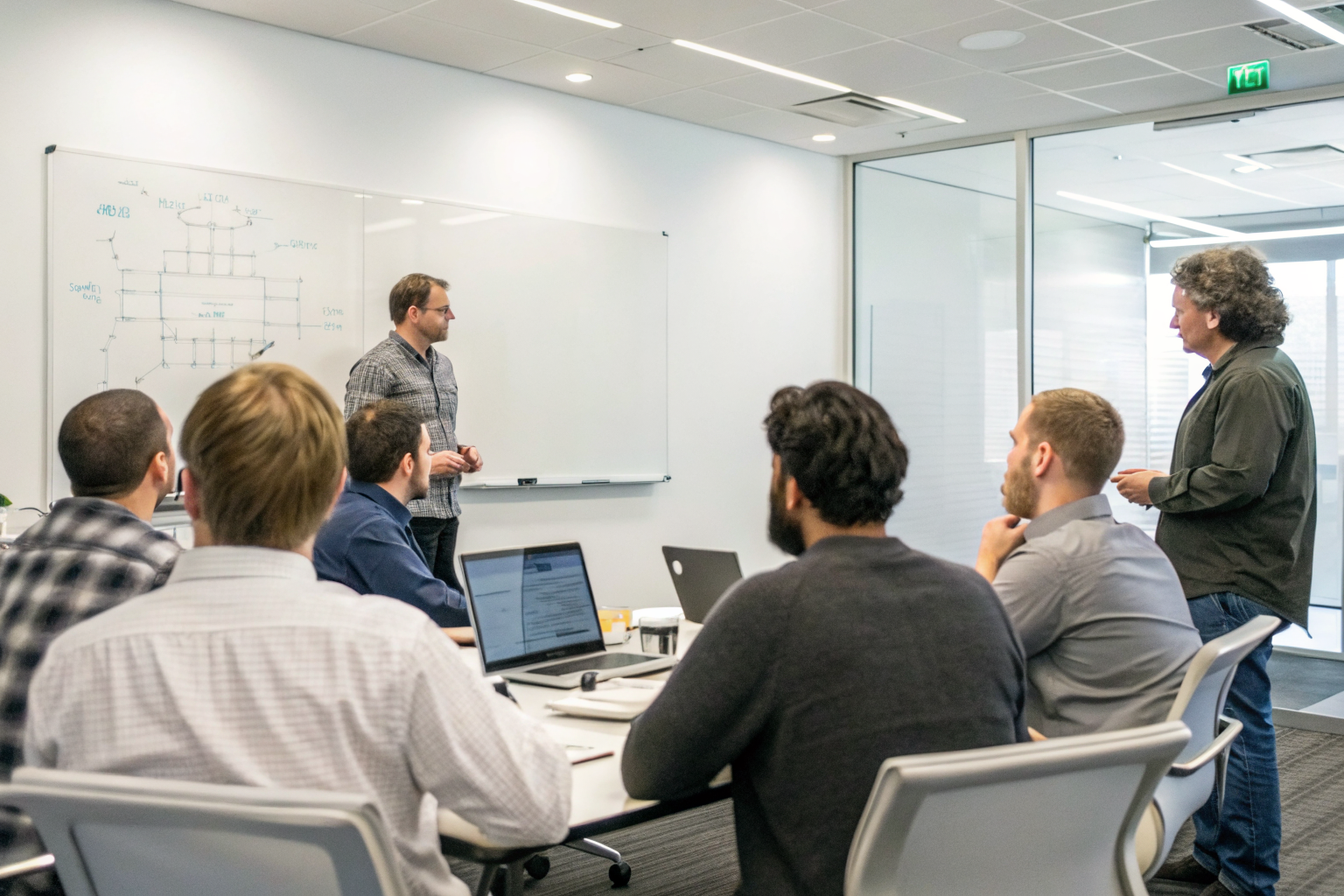 IT professionals in a meeting room discussing data sanitization frameworks.