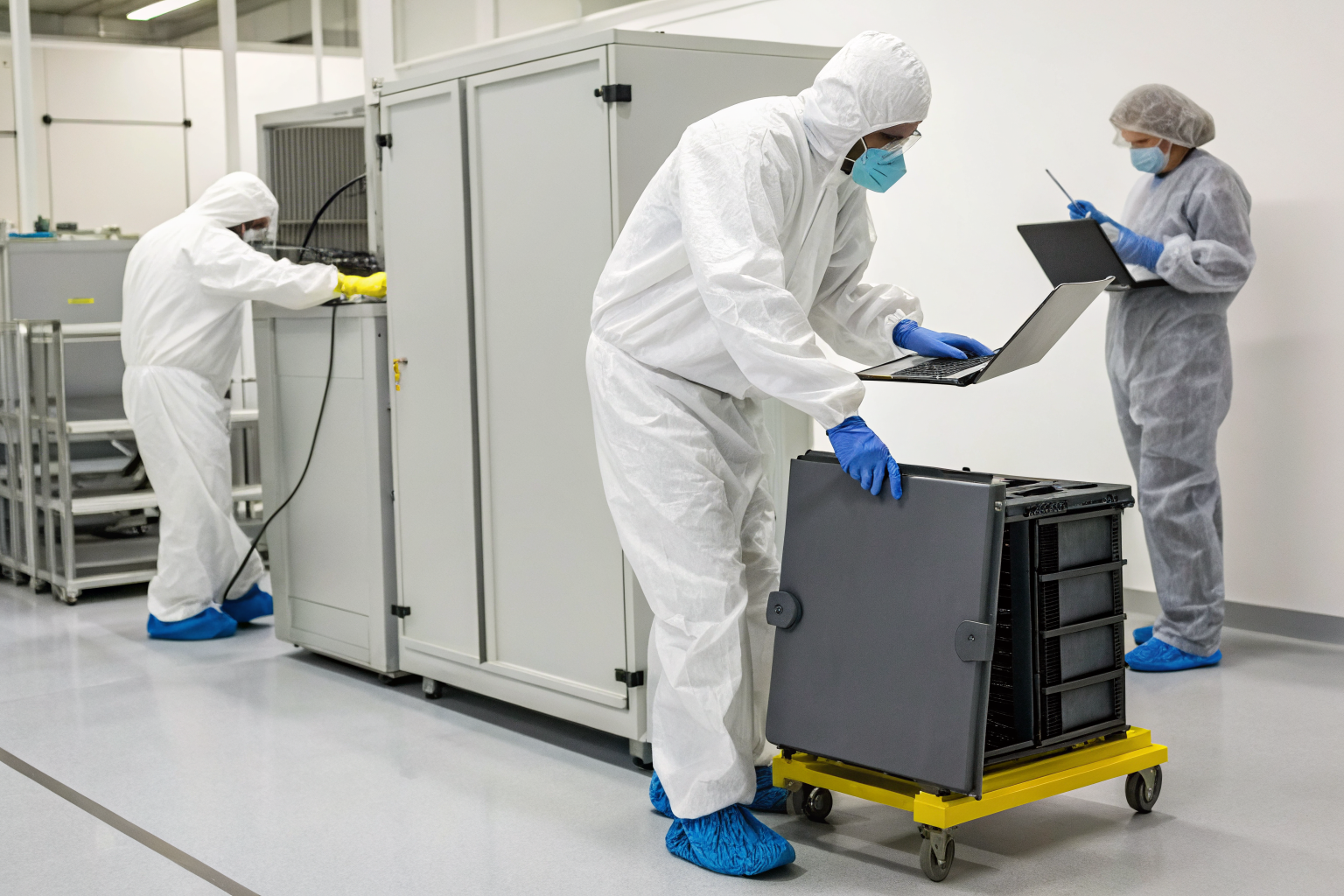 Technicians demonstrating NIST sanitization methods in a lab.