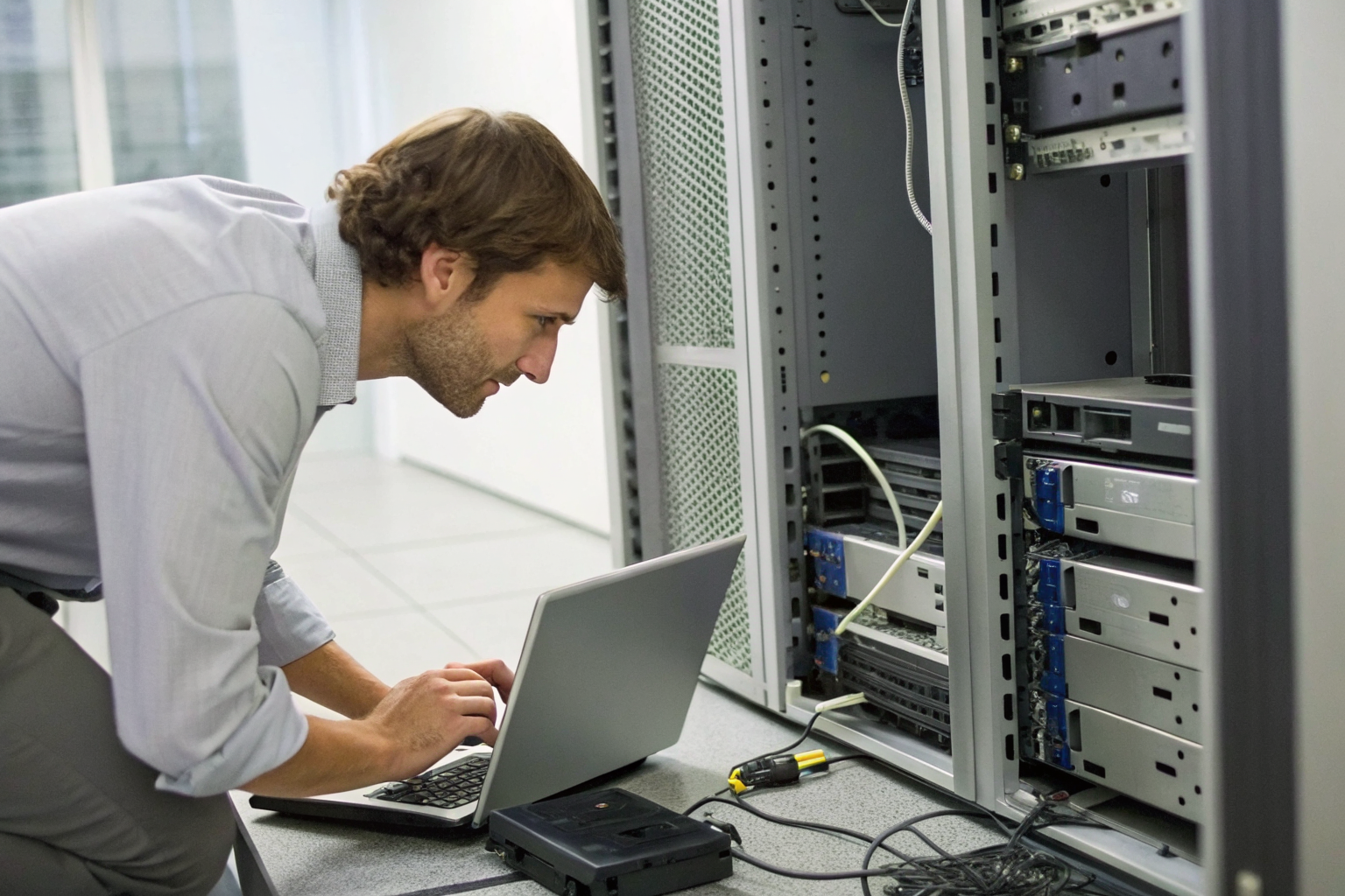 Technician at server connecting storage interfaces, surrounded by media devices.