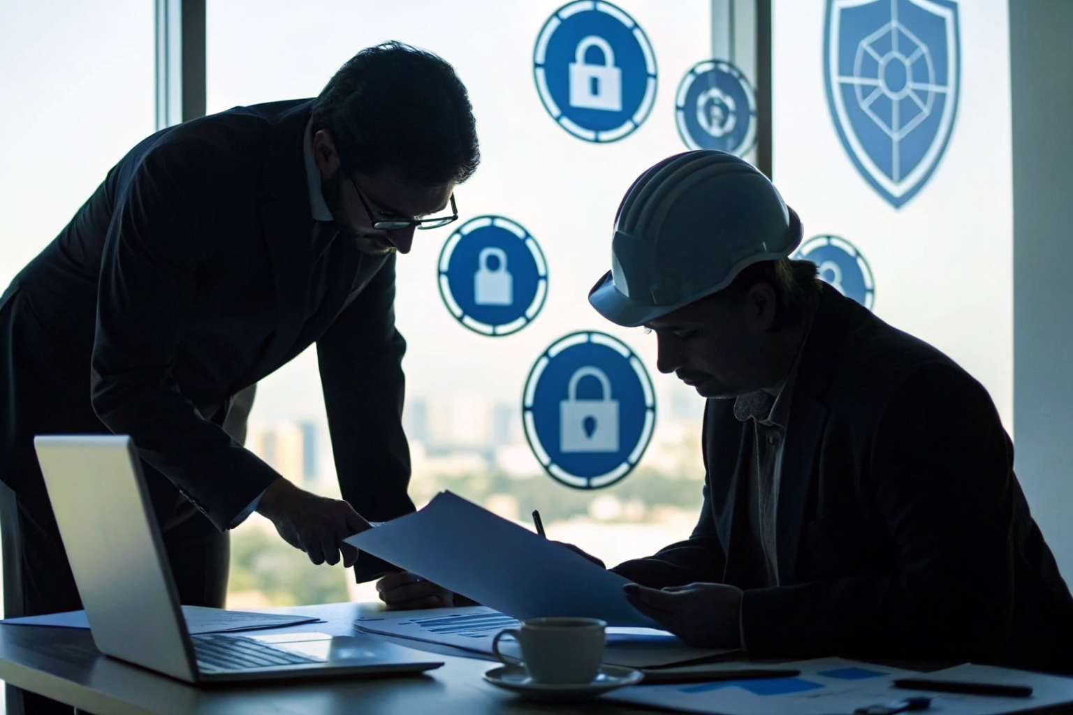 Professionals analyzing documents with certification logos.