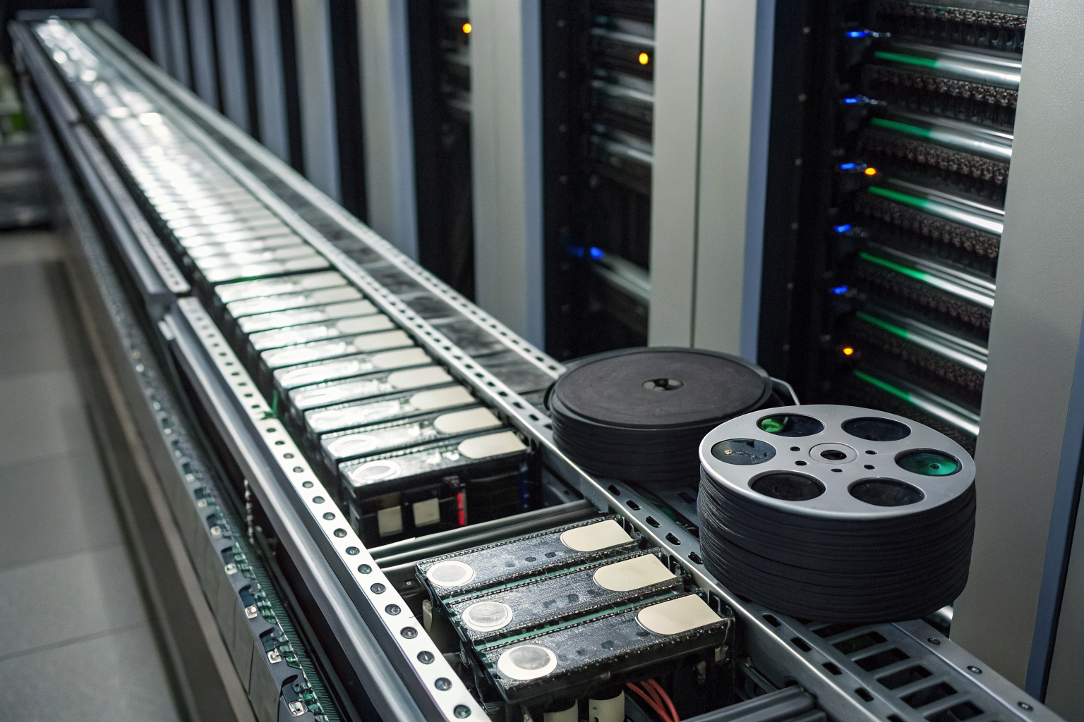 Hard drives and tapes being shredded in a controlled environment.