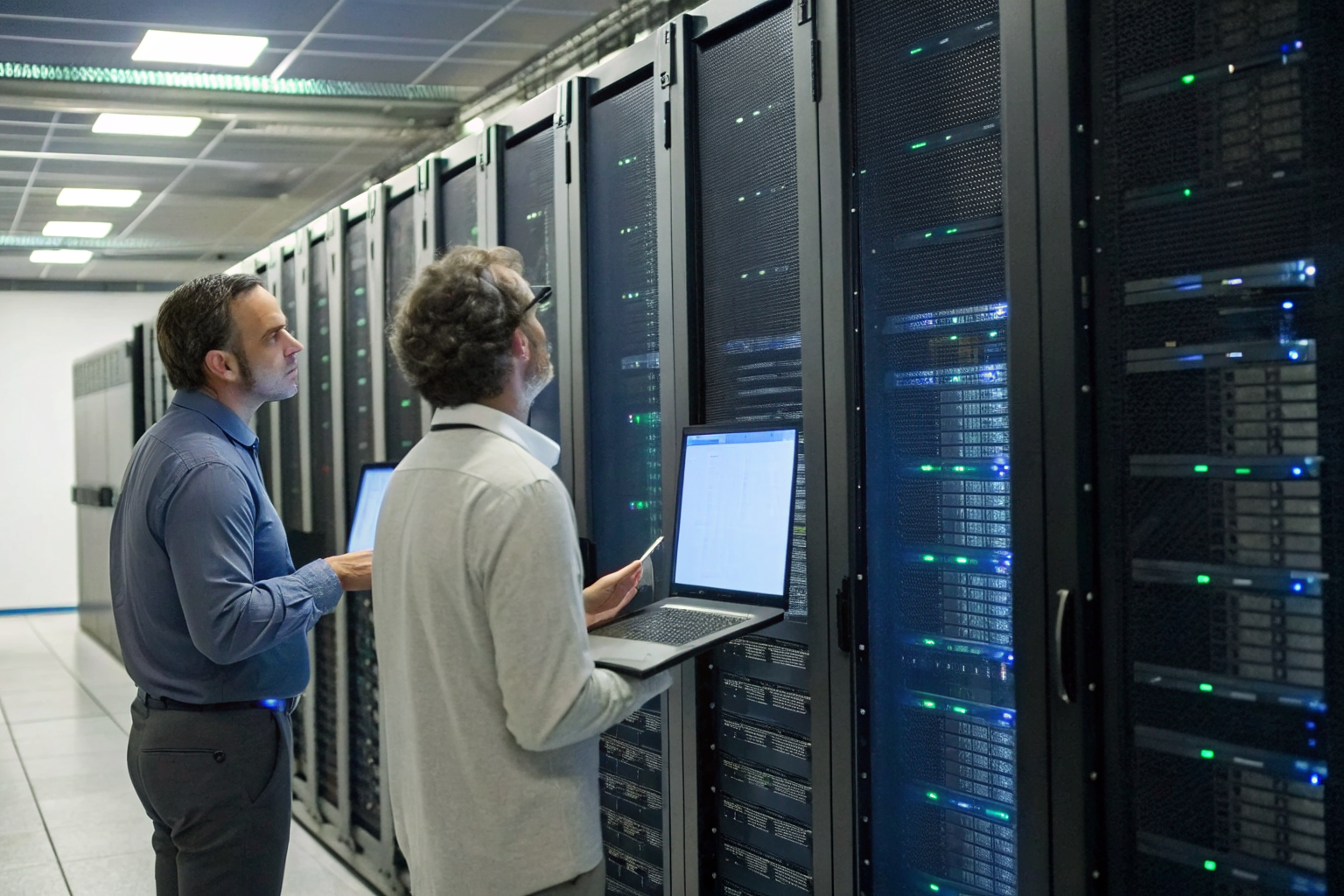 Data center with servers and technicians analyzing erasure software performance.