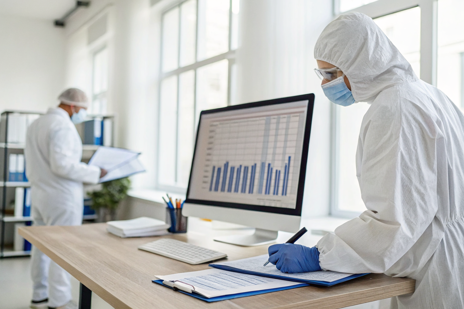 IT specialists documenting sanitization results in an organized office.