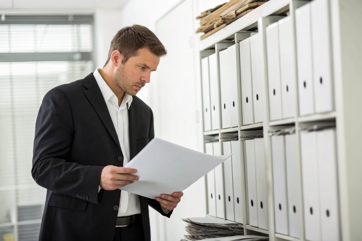 QSA examining media destruction logs in an office setting.