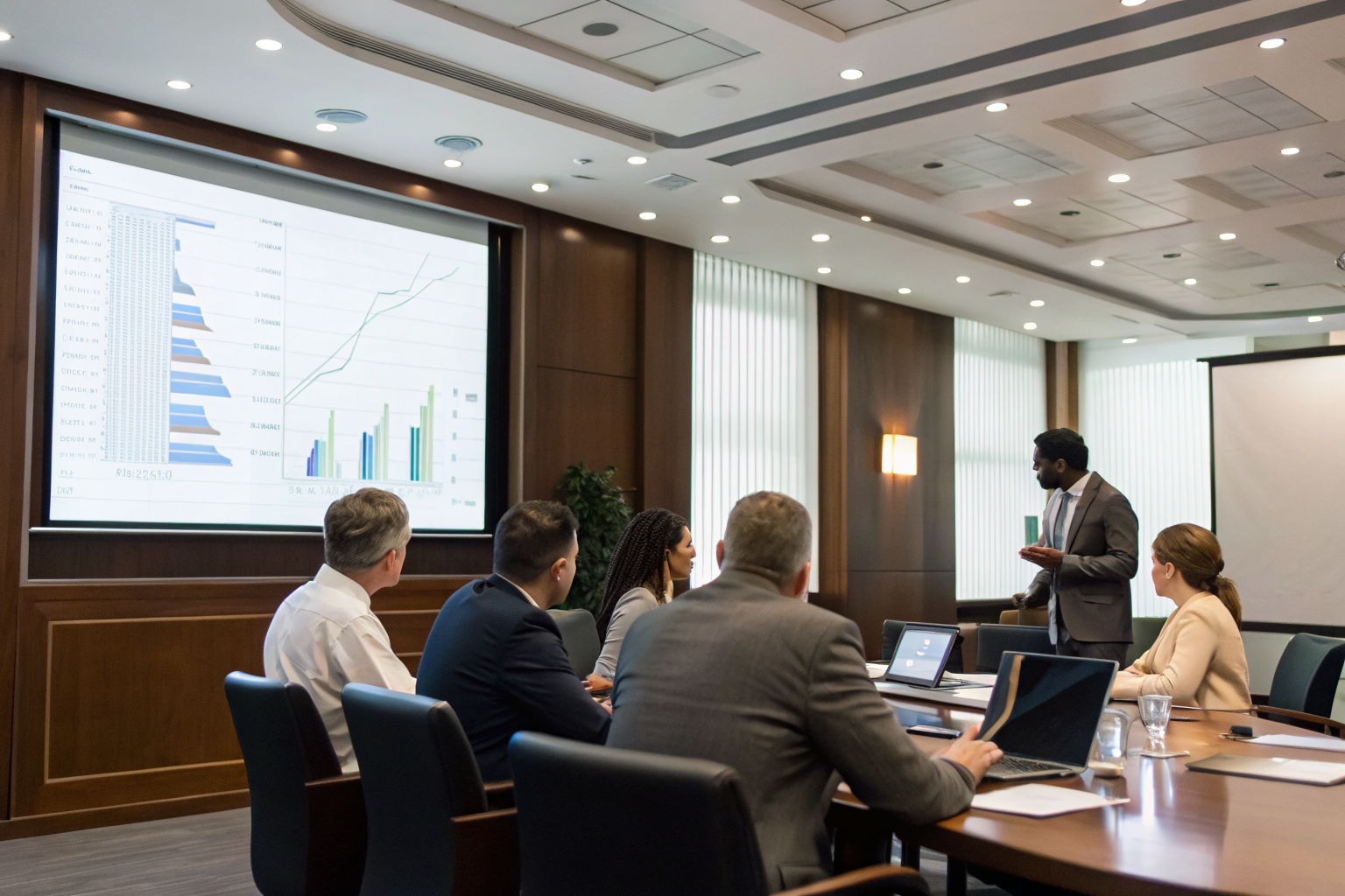 Compliance team discussing regulations in a conference room.