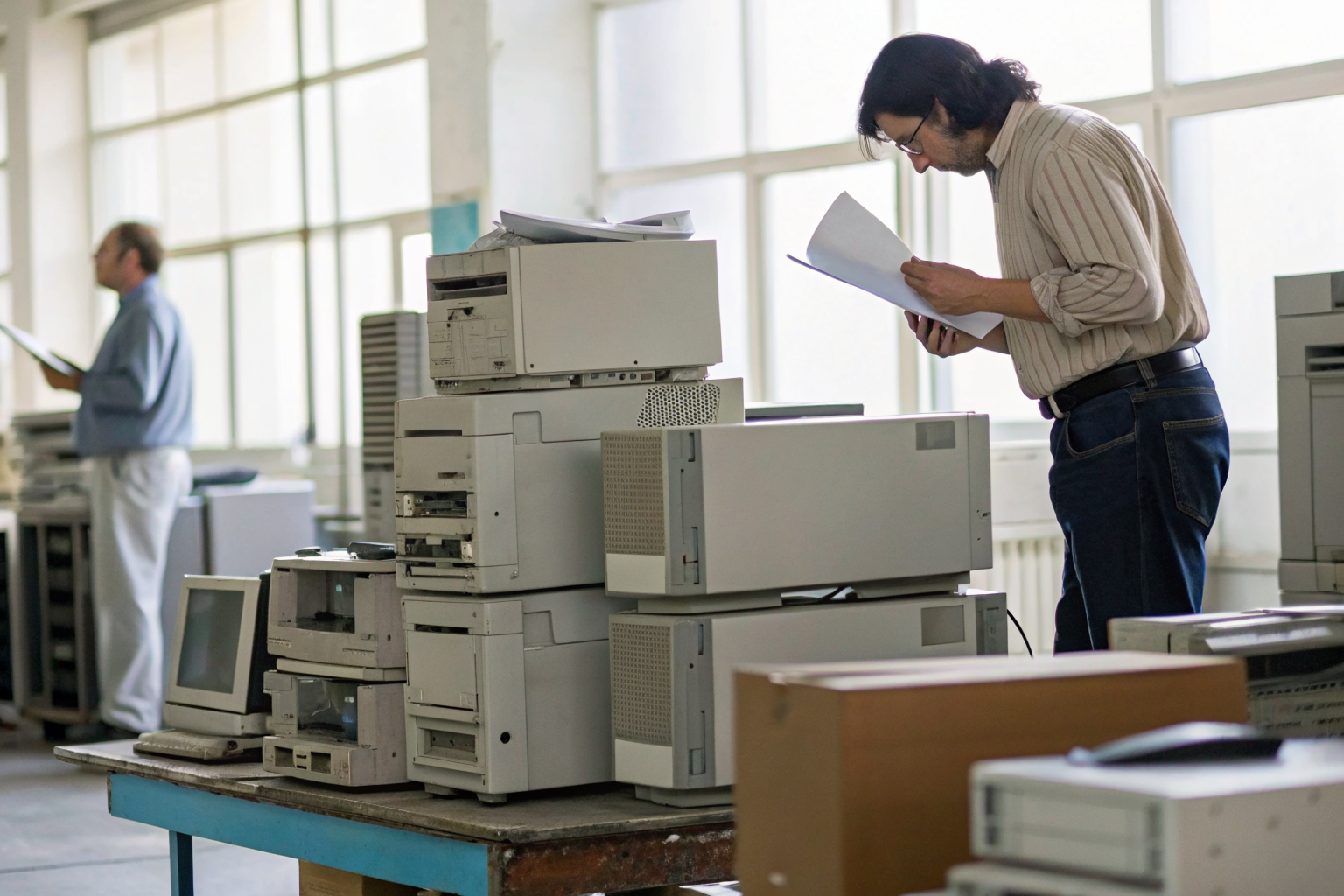 Office with old hardware and person reviewing backup regulations.
