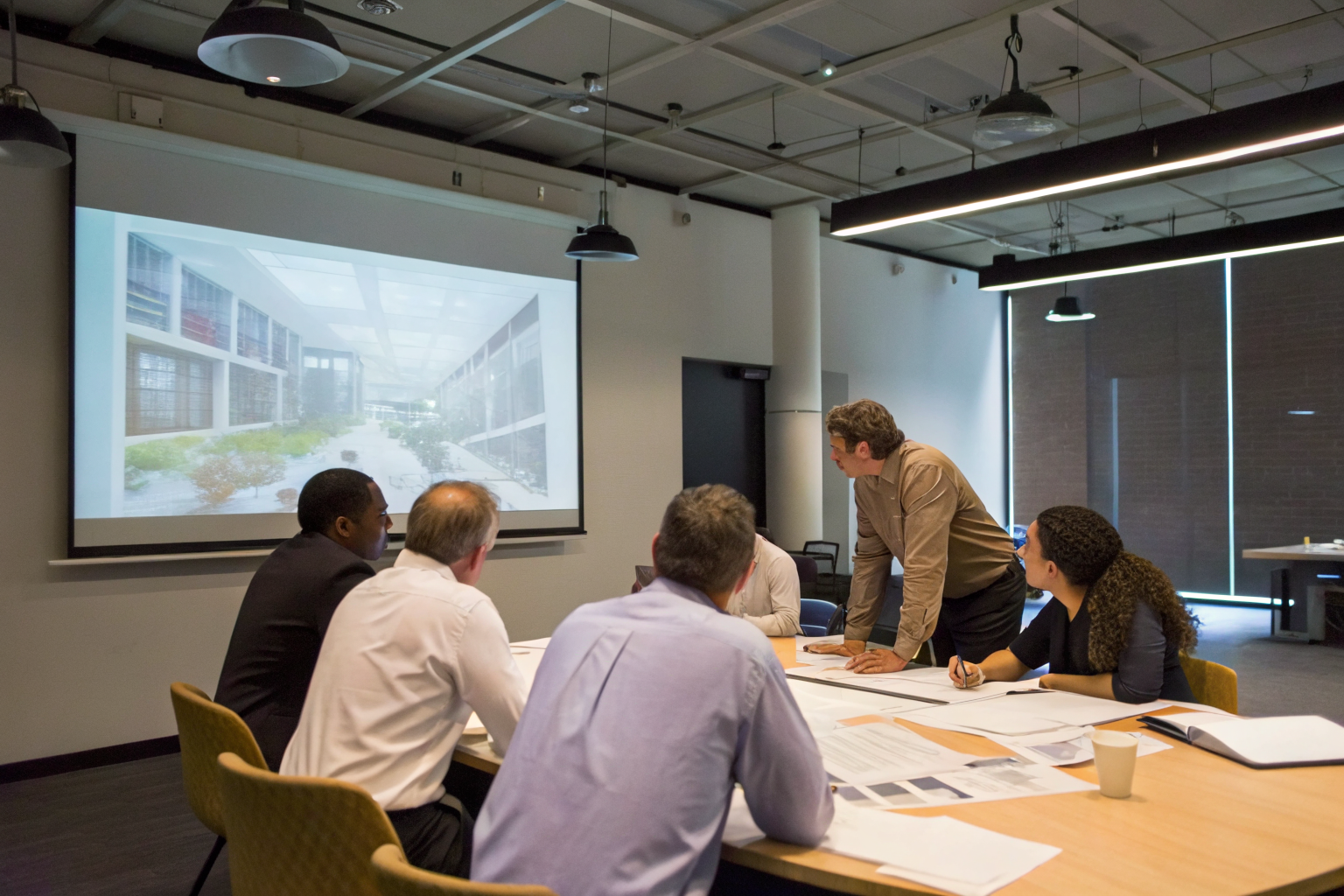 Professionals discussing a RACI matrix in a conference room with documents.