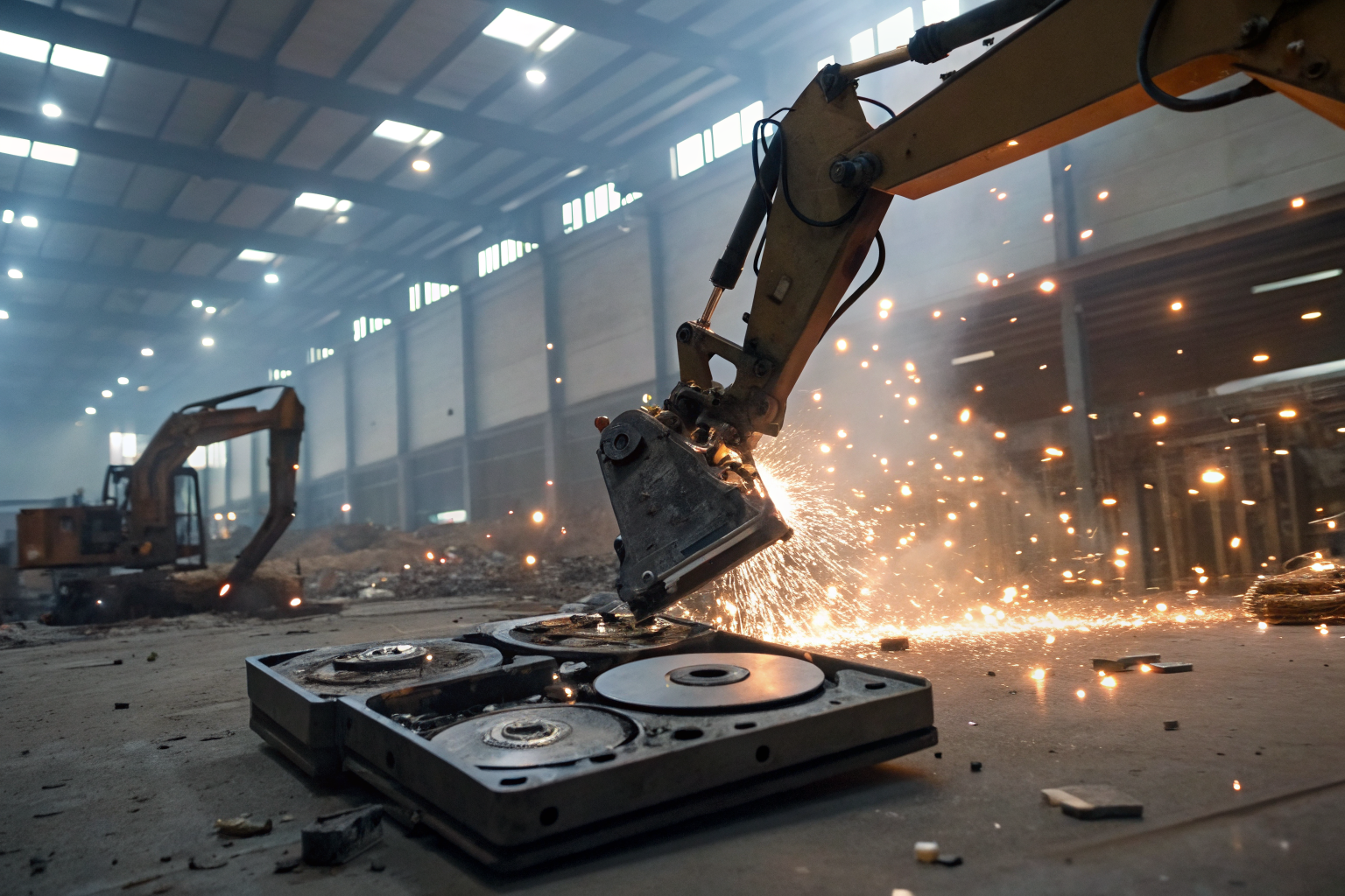 Machinery destroying hard drives in a secure facility.