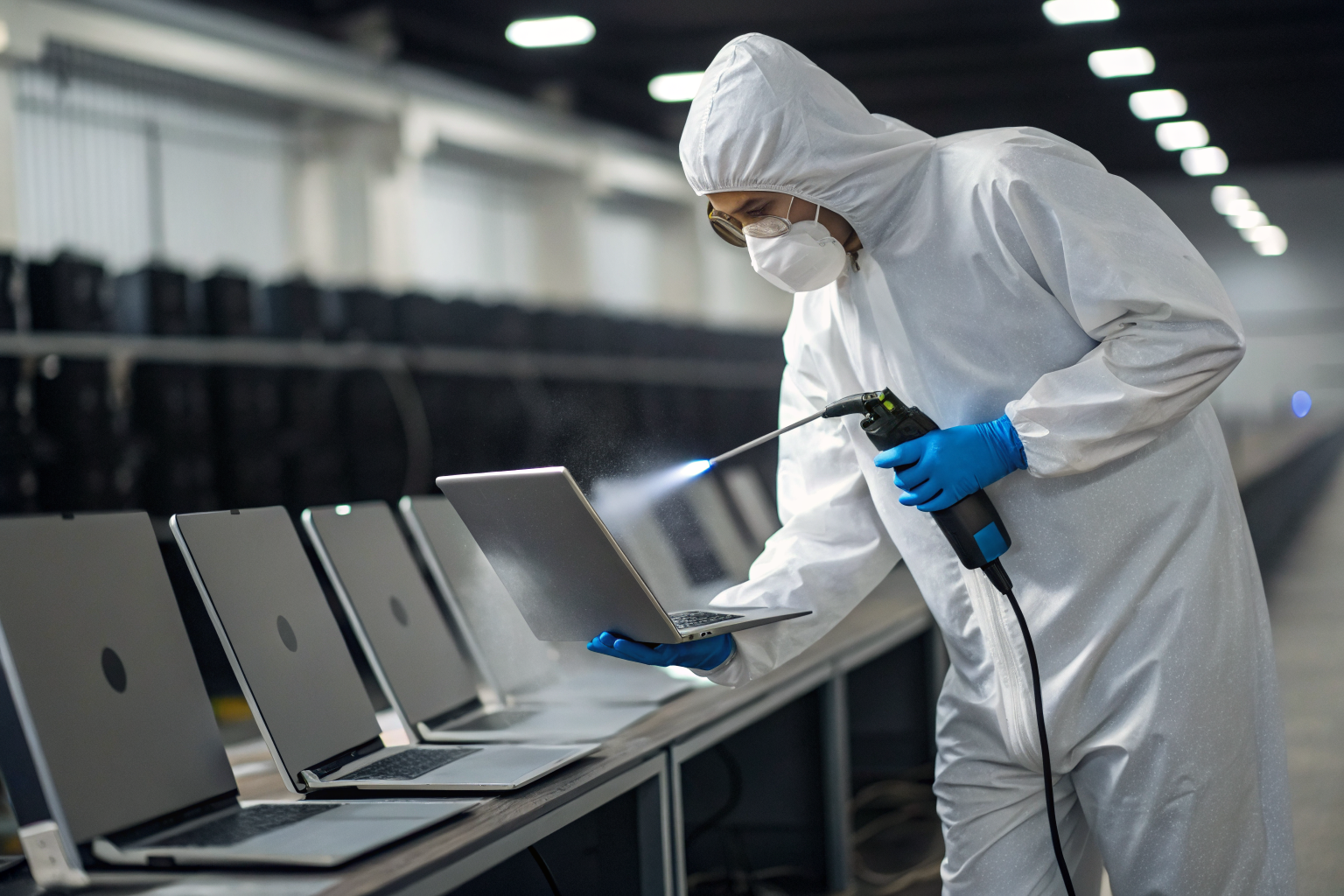 Technician sanitizing data from Chromebook and tablet.