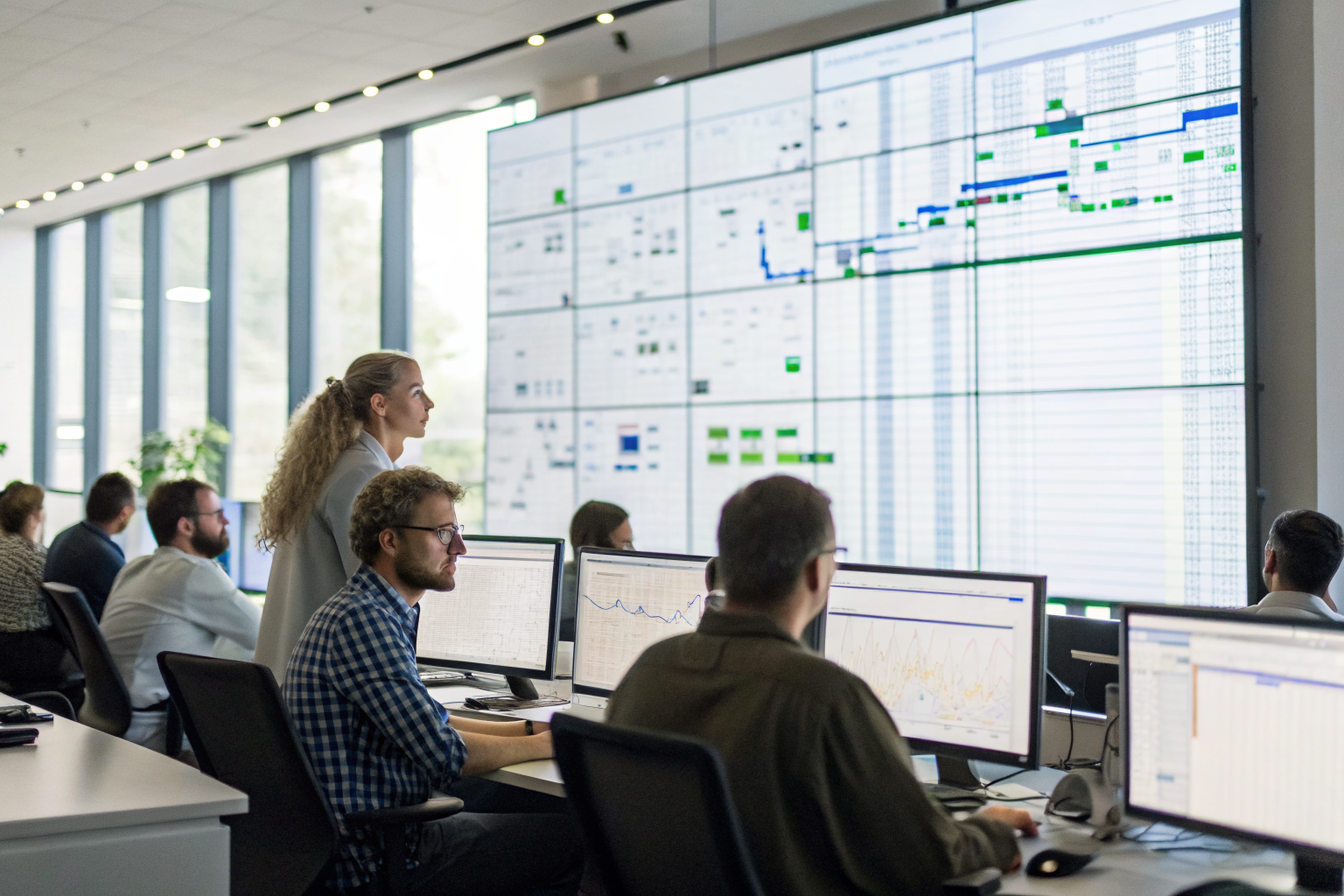 IT staff adjusting timelines on displays in a busy office.