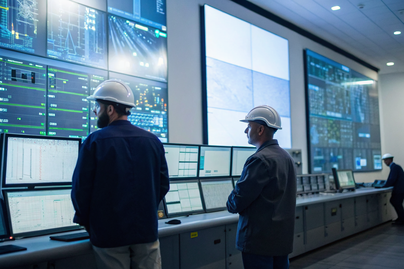 Technicians monitoring data sanitization in a control room with real-time data.