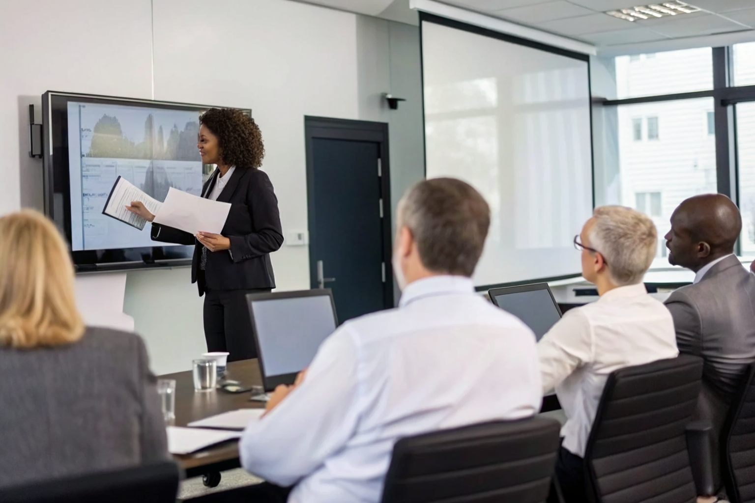 Vendor reps presenting certifications while professionals analyze security standards.